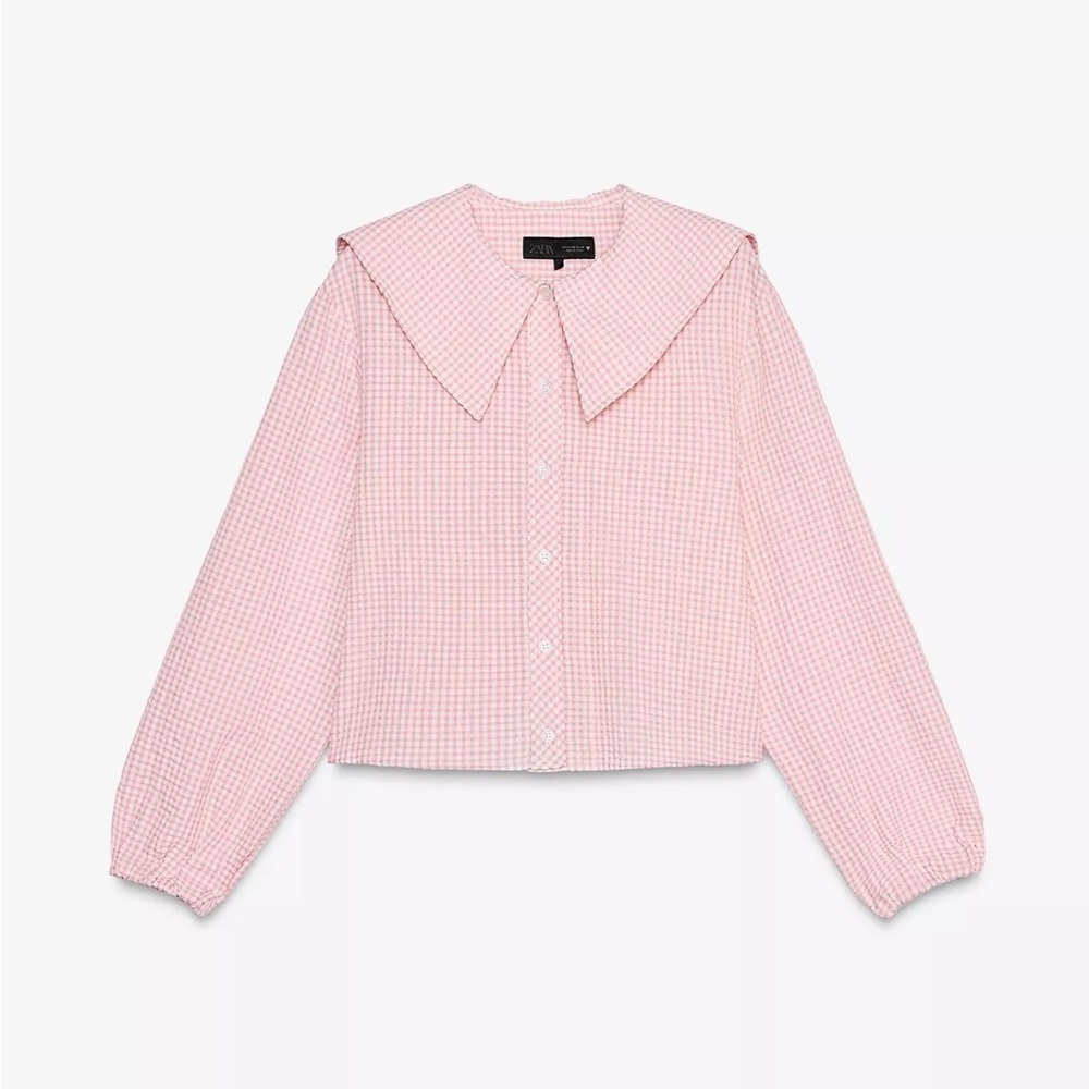 Zara Pink Gingham Bib Collar Blouse Ganni Vibe